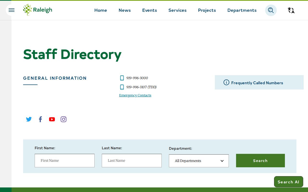 Wake County city directory research route through the Raleigh staff directory