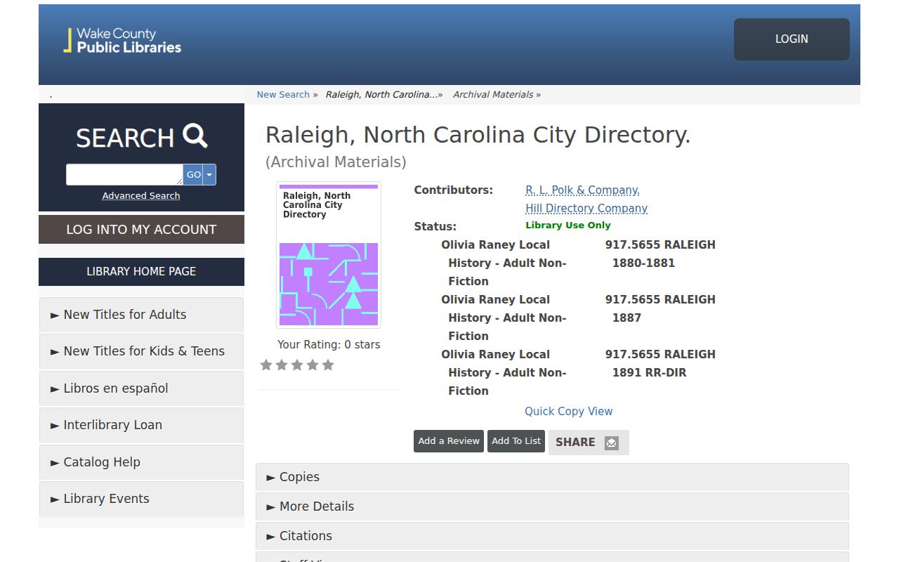 Wake County city directory catalog at Wake Public Libraries