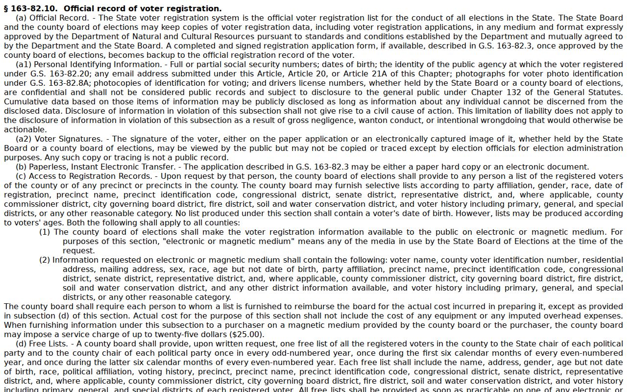 Wake County residents directory North Carolina voter record access statute