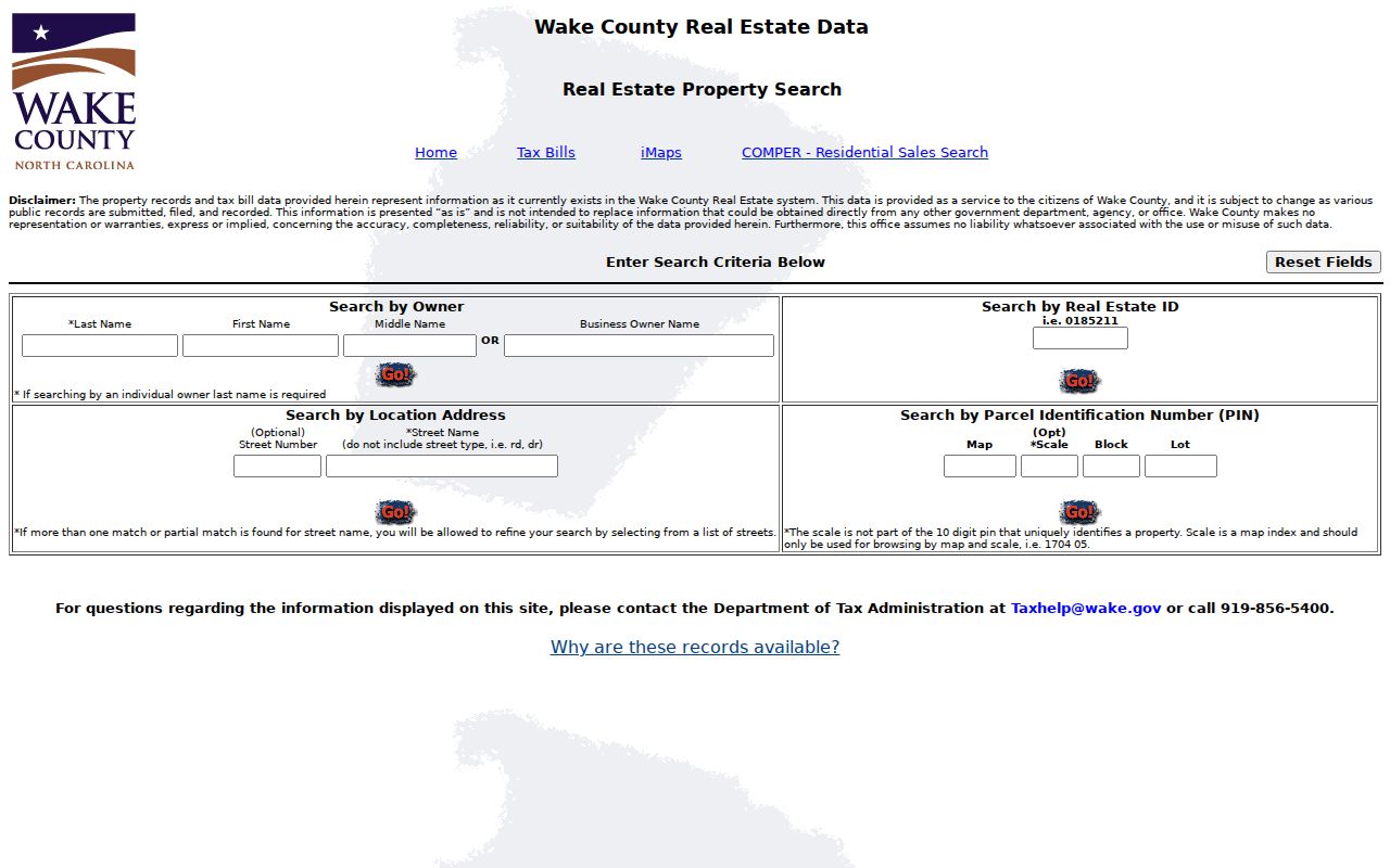 Wake County residents directory property search screen