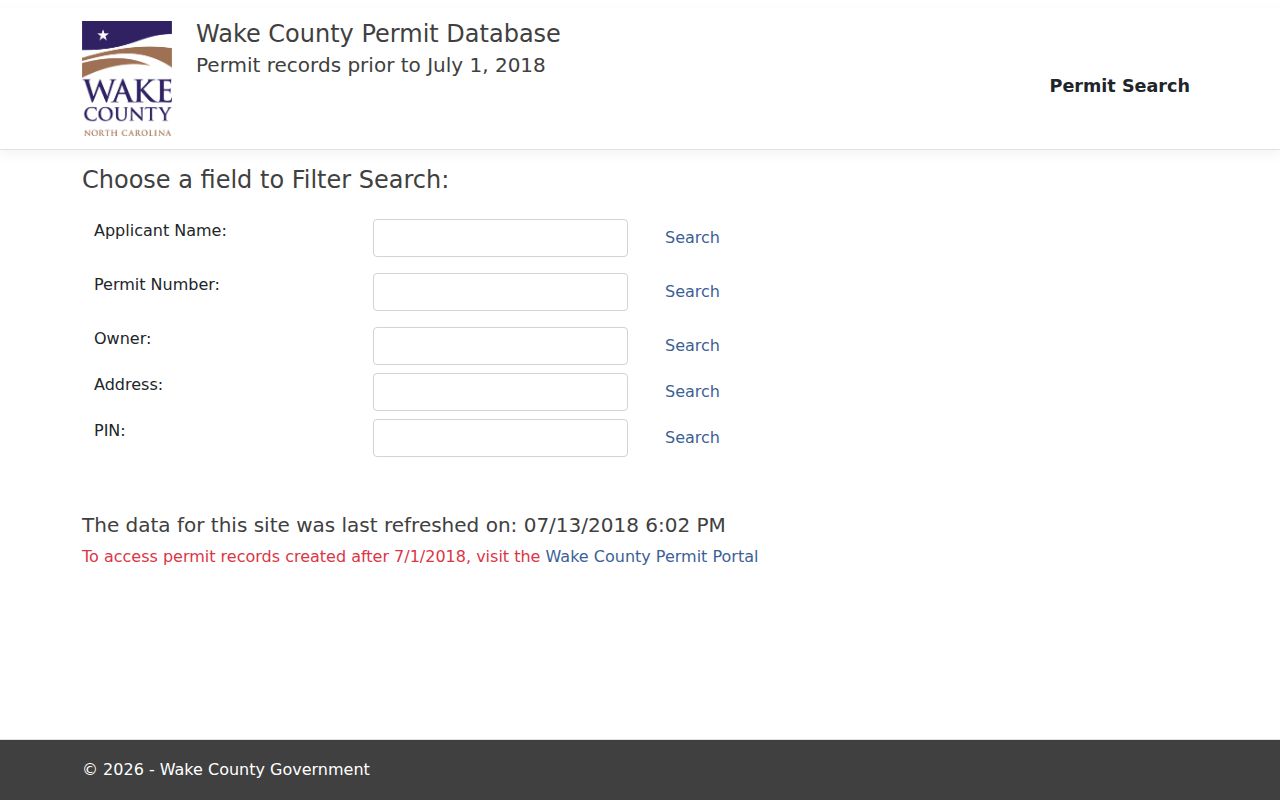 Wake County street directory legacy permit search